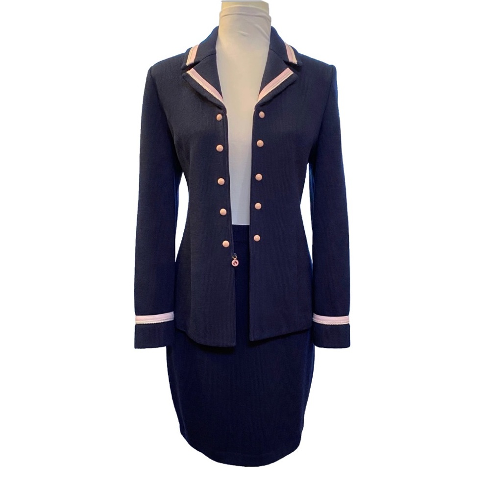 ST. JOHN navy blue knit pink v-neck zip up jacket matching midi pencil skirt set